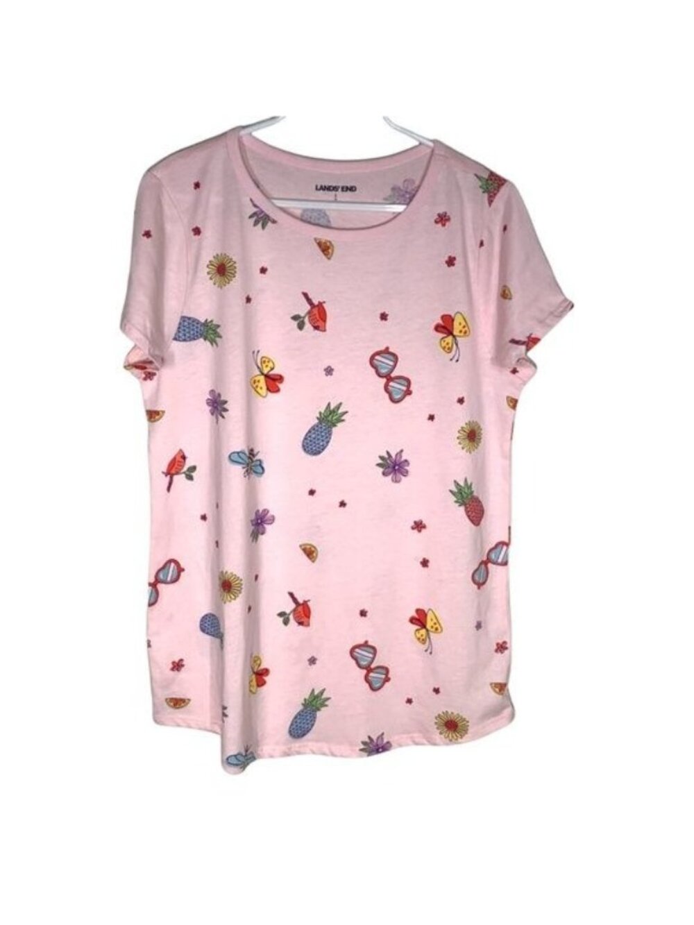 Lands End Girls Large 14 Pink Graphic Tee Fruit Floral Butterfly Summer Shirt